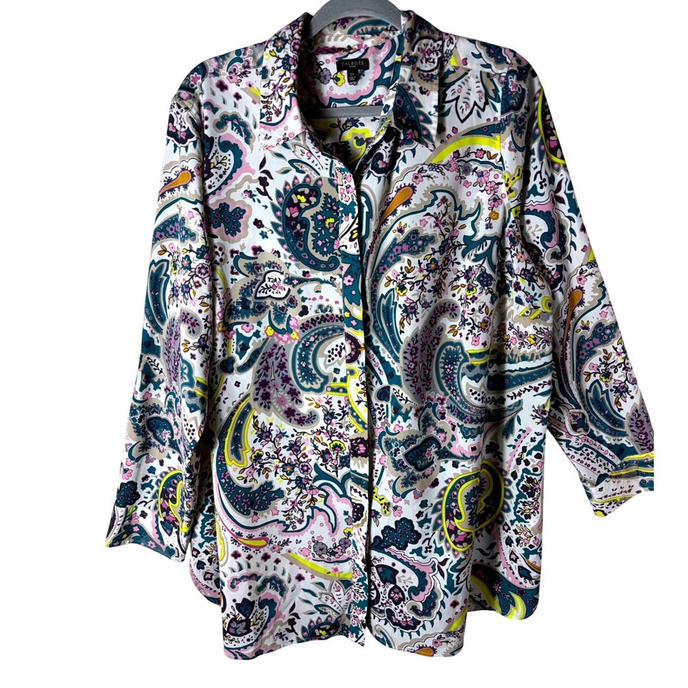 Talbots Woman 2X Multi Color Paisley Floral Button Down Shirt Long Sleeve Top